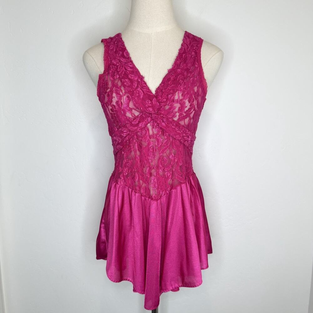 Vintage 80’s Adonna Lace Nylon Babydoll Nightgown Medium Pink Lingerie
